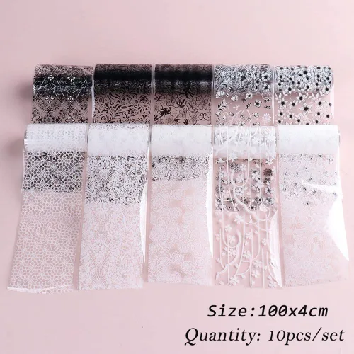 Vista 5 de Calcomanías de transferencia de papel de aluminio de encaje para decoración de uñas, calcomanías de transferencia de flores blancas y negras