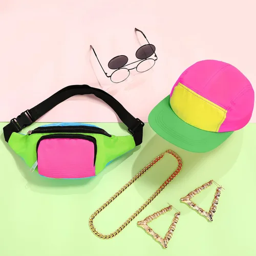 Vista 5 de Cindeer 5 piezas de accesorios de hip hop de los años 90 para mujeres y hombres, traje de los años 80 y 90, riñonera de neón, sombrero, lentes