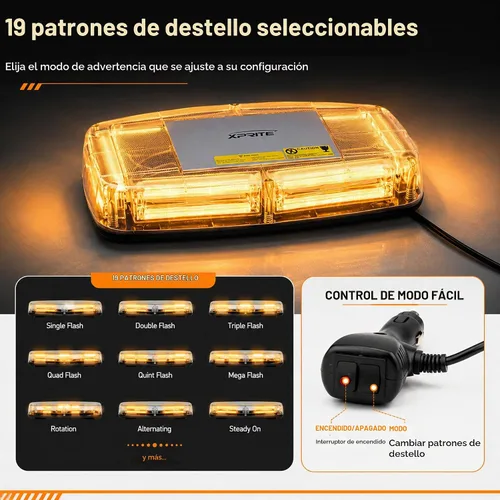 Vista 4 de Xprite Luz estroboscópica LED ámbar COB para techo, base magnética de 12 V, barra de luz de precaución con 19 patrones de flash para construcción