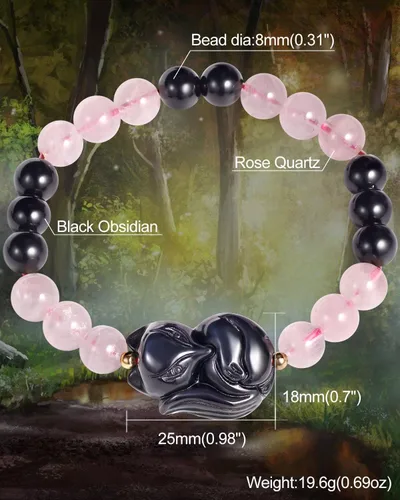 Vista 4 de Pulsera de cuarzo rosa con obsidiana negra y zorro para mujer, cristales curados y piedras preciosas Reiki, pulsera de buena suerte, Piedra, Cuarzo
