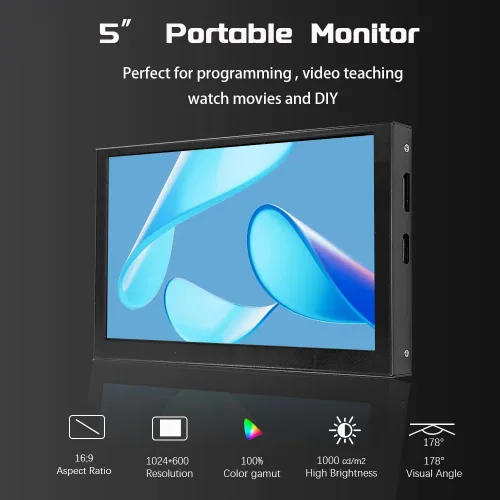 Vista 2 de 5 pulgadas WSVGA 1024 * 600 pantalla de alto píxel 100% SRGB sin panel táctil HDMI módulo compatible para Raspberry PI 3/3B/3B+/4/4B naranja pi