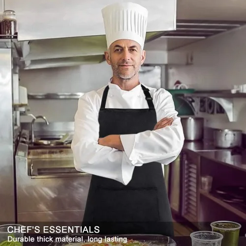 Vista 4 de Jubatus Paquete de 1 delantal con peto con 2 bolsillos, delantal de cocina de chef para mujeres y hombres, color negro