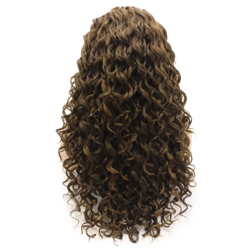 Vista 4 de Pelucas sintéticas con encaje frontal de 26 pulgadas con cabello rizado y rubio miel, mezcla de alta densidad