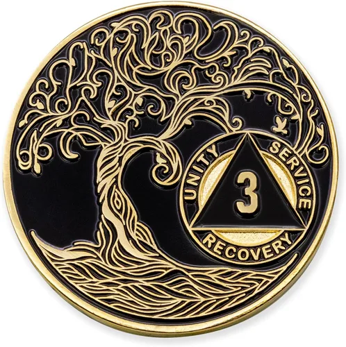 Vista 258 de 1 año Sobriety Mint Twisted Tree of Life Medallón de recuperación AA chapado en oro, chip/ficha - negro