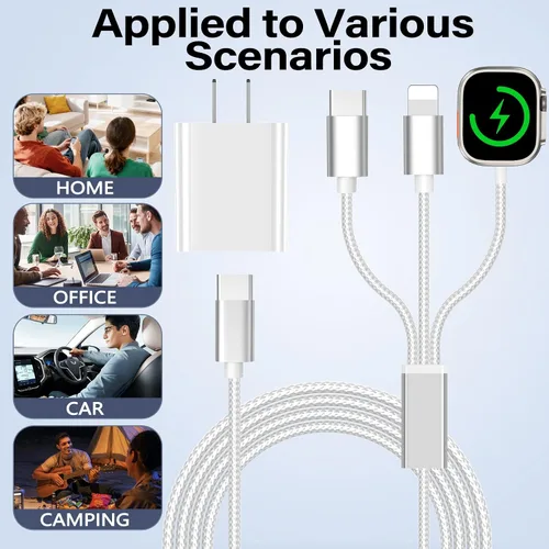 Vista 7 de Esenciales de viaje para cargador de Apple Watch, cargador de iPhone, cable de carga múltiple 3 en 1 tipo C/Lightning/magnético con bloque