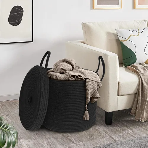 Vista 4 de Cesta grande de 15 x 13 pulgadas con tapa, cesta de almacenamiento de cuerda de algodón para manta, juguete, almohada, toalla, lavandería, sala