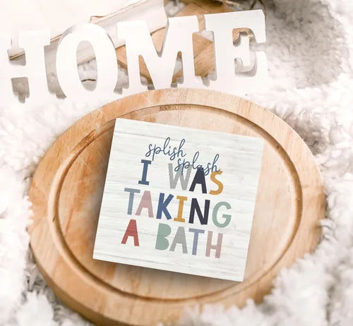 Vista 4 de SRADMO Caja de madera con texto en inglés "Splish Splash I Was Taking a Bath" para decoración de escritorio, divertida caja de bloques de madera