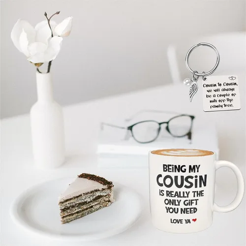 Vista 9 de Divertido regalo para primas para mujer, taza de cerámica de 11 onzas, llavero para prima, regalo de cumpleaños para prima, taza de primo favorito