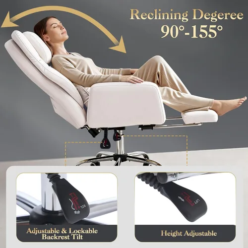 Vista 4 de Silla de oficina ejecutiva de respaldo alto con reposapiés, piel sintética reclinable, soporte lumbar, estilo entrecruzado, reclinación de 155° Beige