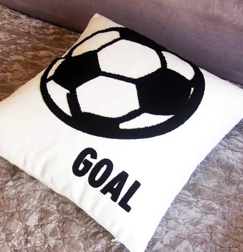 Vista 4 de Funda de almohada bordada de fútbol, cuadrada de 18 pulgadas, funda de lona decorativa con patrón de portería