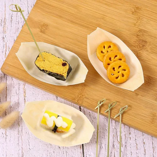 Vista 5 de WATHFKCU Plato desechable de bambú de 3.5 pulgadas para sushi, plato de aperitivo de bambú, bandeja para servir sushi, bote de hojas de madera