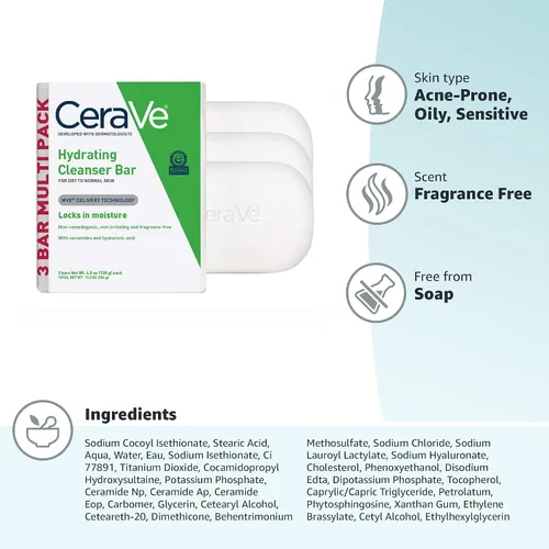 Vista 8 de Barra de Limpieza Hidratante CeraVe, Limpiador Corporal y Facial Sin Jabón con 5% Crema Hidratante, Sin Fragancia, Paquete de 3, 4.5 Onzas Cada Una
