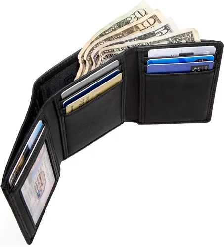 Vista 3 de Billetera de hombre de cuero legítimo con plegado tríptico y protección completa RFID- Cuero rugoso de exquisita calidad, M, Negro