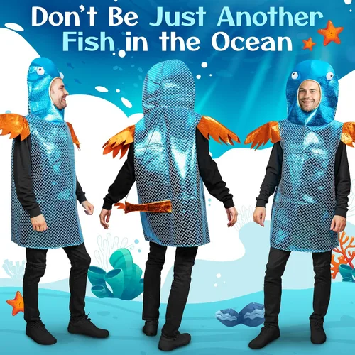 Vista 3 de Zadin Disfraz de pez adulto divertido animal marino - Disfraz de pescador de Halloween de pescador fundible traje de pescador de pesca bajo el mar