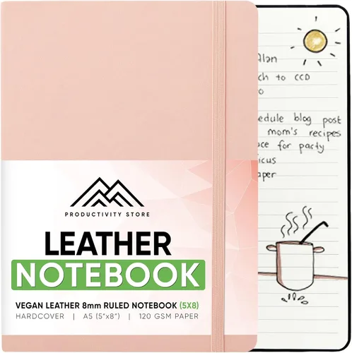 Vista 8 de PRODUCTIVITY STORE Cuaderno y diario de cuero Cuaderno A5 de cuero vegano de tapa dura de 5 x 8 pulgadas con papel grueso de alta calidad a rayas