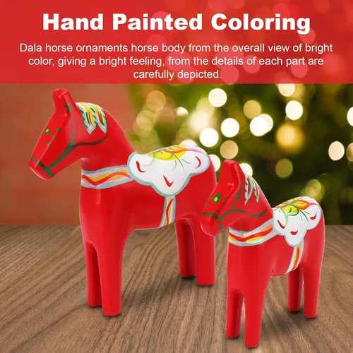 Vista 2 de Plplaaoo 1 par de caballos de madera de Dala de Europa, estatua de caballos de madera suecos, pintada a mano, decoración de caballo Dala sueco rojo