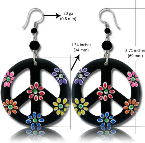 Vista 2 de Earth Accessories Aretes colgantes con signo de la paz con madera orgánica, accesorios hippie y disfraz hippie para los años 60 o 70