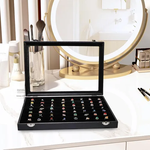 Vista 2 de Wuligirl - Bandeja organizadora de anillos con 100 ranuras y tapa transparente, organizador apilable de joyas como aretes, collares y anillos