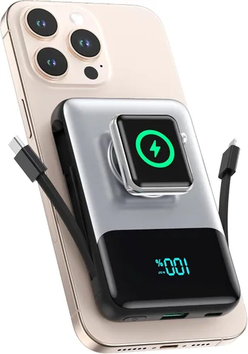 Vista 11 de Cargador portátil magnético para iPhone con cable incorporado, banco de energía inalámbrico de 10800mAh para Magsafe, esencial de viaje, paquete