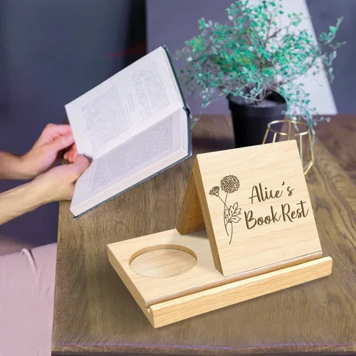 Vista 5 de Estantería personalizada con diseño de flor de nacimiento de madera de roble macizo, soporte para libros de madera con texto personalizado, soporte