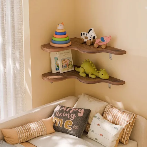 Vista 3 de Cute Cloud Corner Shelves - Set of 2 Brown Wooden Floating Corner Shelves Wall Mounted, 90-Degree Space-Saving Nursery Shelves with Brackets, Kids