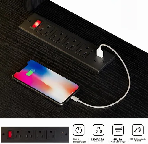 Vista 9 de YITAHOME Escritorio para computadora de 59 pulgadas con luces LED y tomas de corriente, escritorio de oficina en casa con estantería, cajón de Negro