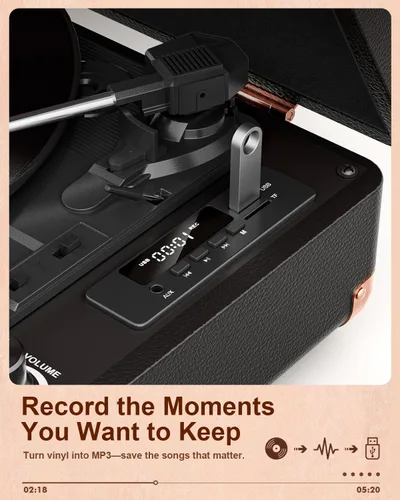 Vista 3 de Retro Suitcase - Tocadiscos de vinilo con grabación USB, Bluetooth negro rosa dorado