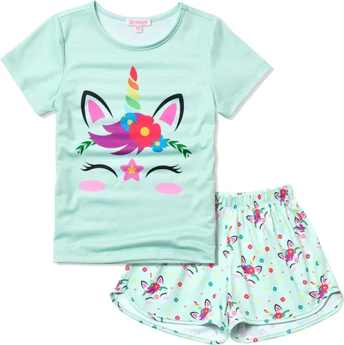 Vista 24 de QPANCY Pijamas de verano para niñas, conjuntos de pijamas de manga corta para dormir de verano