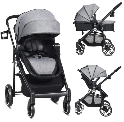 Vista 9 de INFANS Cochecito infantil 2 en 1, cochecito de bebé horizontal y cochecito de cuna reversible, cochecito plegable con toldo ajustable, cesta