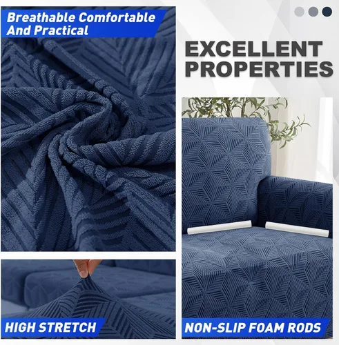 Vista 3 de YEMYHOM 1 Pieza Fundas Elásticas para Sofá de 3 Cojines, Funda de Sofá Jacquard con Parte Inferior Elástica Antideslizante, Funda Engrosada Azul