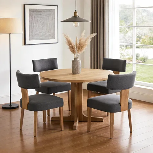 Vista 10 de Juego de 2 sillas de comedor modernas, sillas de cocina tapizadas con respaldo curvo, sillas de comedor de lino de granja, cómodas sillas de madera