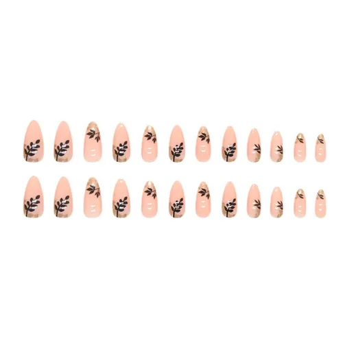 Vista 2 de Foccna Uñas acrílicas a presión de almendra de longitud media para mujer, pegamento de gelatina artificial en las uñas, uñas postizas abstractas