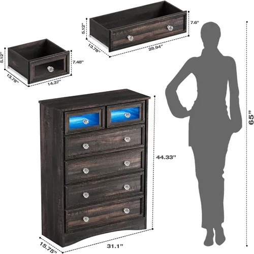 Vista 3 de Cómoda moderna de 6 cajones con luces LED, cómodas para dormitorio, cajonera alta, organizadores de armario y almacenamiento de ropa - mango fácil
