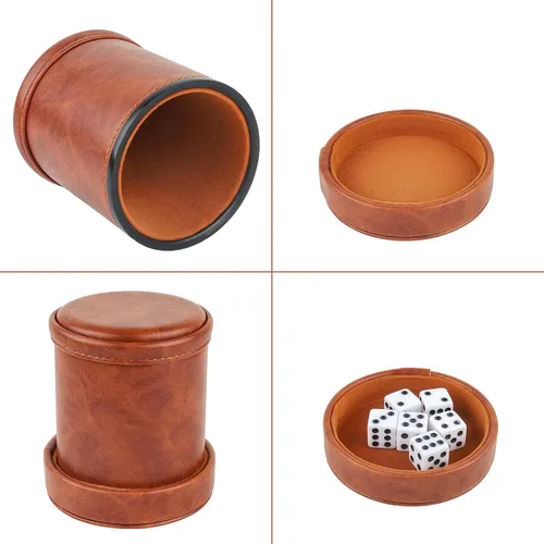 Vista 5 de Taza de dados de piel sintética marrón con tapa, taza de terciopelo interior silenciosa con 6 dados para juegos de dados mentirosos, Farkle/Yahtzee