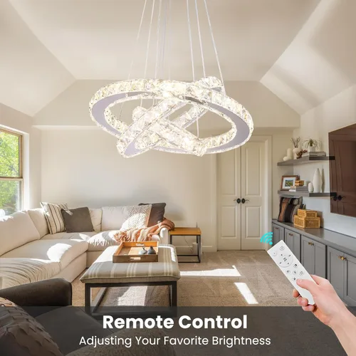 Vista 3 de Candelabro LED de cristal con iluminación regulable LED moderna lámpara de techo de 3 anillos ajustable de acero inoxidable para dormitorios y sala