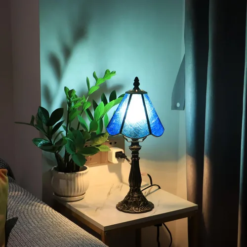 Vista 7 de Tiffany Style Table Lamp Blue Rippled Stained Glass Lamp 14 Inch Small Lamp,Desk Lamps,6X6X14 Inch,Bronze Resin Base, Antique Lamp,Mini Accent