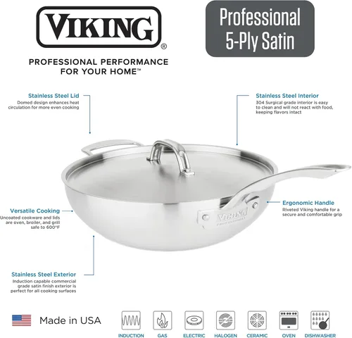Vista 3 de Viking Culinary Professional - Sartén de chef de acero inoxidable de 5 capas, 12 pulgadas, incluye tapa de acero y mango ergonómico que se mantiene
