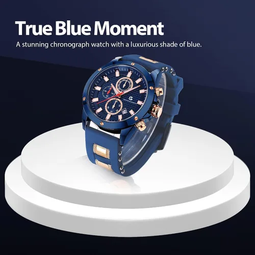 Vista 4 de Technigadgets Denzel Reloj cronógrafo para hombre, multifunción, de cuarzo, analógico, luminoso, con correa de silicona, resistente al agua 30M, Azul