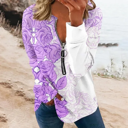 Vista 4 de Camisetas de manga larga para mujer, con cuello con cremallera, camisetas estampadas, blusas de moda, ajustadas, sudaderas elásticas