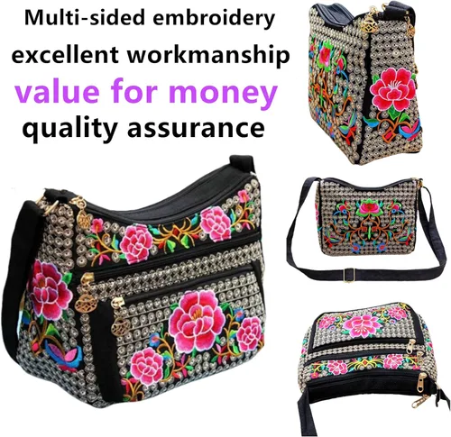 Vista 2 de PHEVOS Bolso bandolera Hobo para mujer, 3 bolsillos con cremallera, estilo vintage, étnico, tribal, bordado, bohemio, hippie