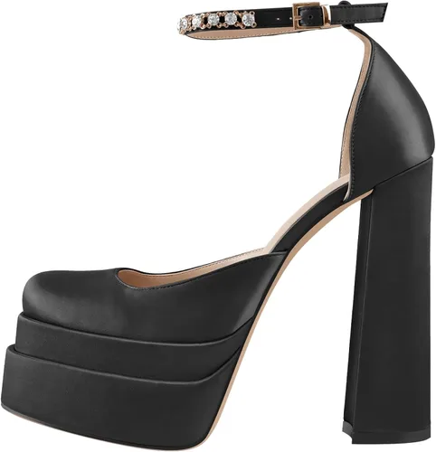 Vista 2 de onlymaker Women's Chunky Heel Platform Sandals Crystal Clasp Square Toe Rhinestone Ankle Strap Satin Pumps