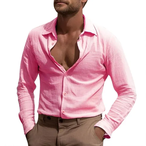Vista 10 de Camisa de manga larga con botones para hombre, de verano, casual, de algodón, sin tapar, para playa, hippie, transpirable, de secado rápido