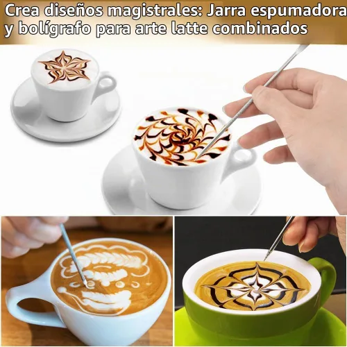 Vista 6 de Jarra de leche espumosa, jarra de leche espumosa de acero inoxidable de 12 onzas / 11.8 fl oz con bolígrafo Latte Art, con medidas internas