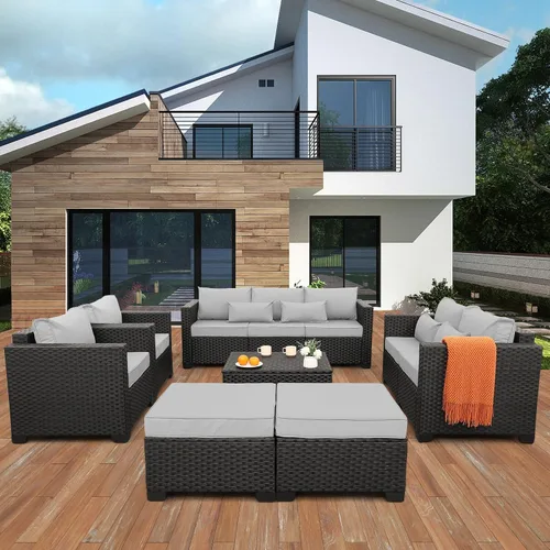 Vista 2 de Juego de muebles de patio, 7 piezas, muebles de exterior, juego de sofás seccionales de patio con mesa de almacenamiento, cojines gris claro