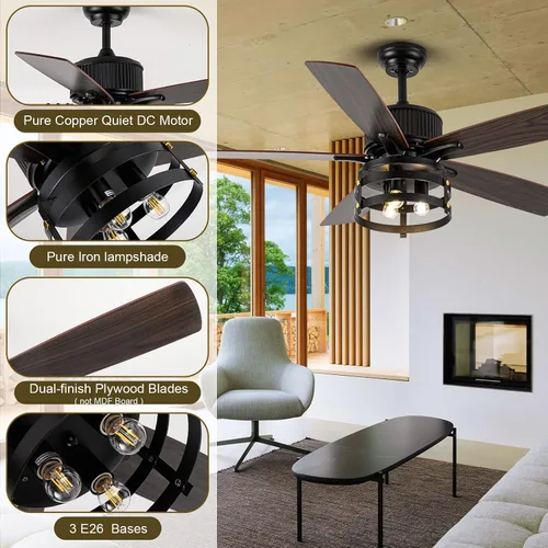Vista 7 de Ventilador de techo de granja con luz y control remoto de 52 pulgadas, ventilador de techo rústico industrial enjaulado con 5 cuchillas de madera