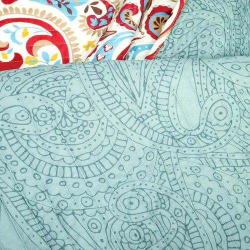 Vista 4 de Lush Decor Juego de Edredón Reversible de Algodón Boho Chic de 3 Piezas, Full/Queen, Verde Espuma de Mar y Rojo - Estampado Paisley Brillante, Juego