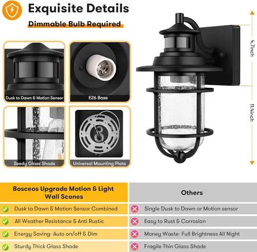 Vista 7 de Farol de pared con sensor de movimiento para exteriores, del anochecer al amanecer, impermeable, con vidrio sembrado, lámpara de montaje en pared