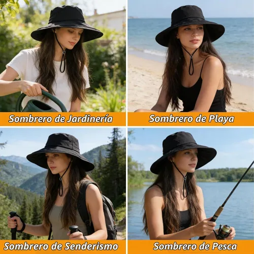 Vista 7 de Sombrero de ala ancha impermeable UPF 50+ para mujer con agujero para cola Negro