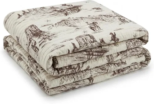 Vista 2 de Tumbleweed Trail King - Edredón vintage de vaquero occidental, ropa de cama reversible marrón y crema, 106 x 92 pulgadas