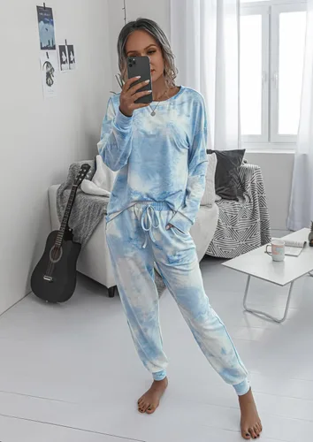 Vista 46 de Prettygarden - Conjunto de pijama de dos piezas para mujer, diseño de teñido anudado, sudadera informal de manga larga con pantalones largos, ropa